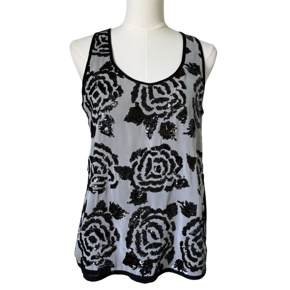 Karen Kane Tops - KAREN KANE | Black & White Sequined Floral Sleeveless Tank Top Sz S